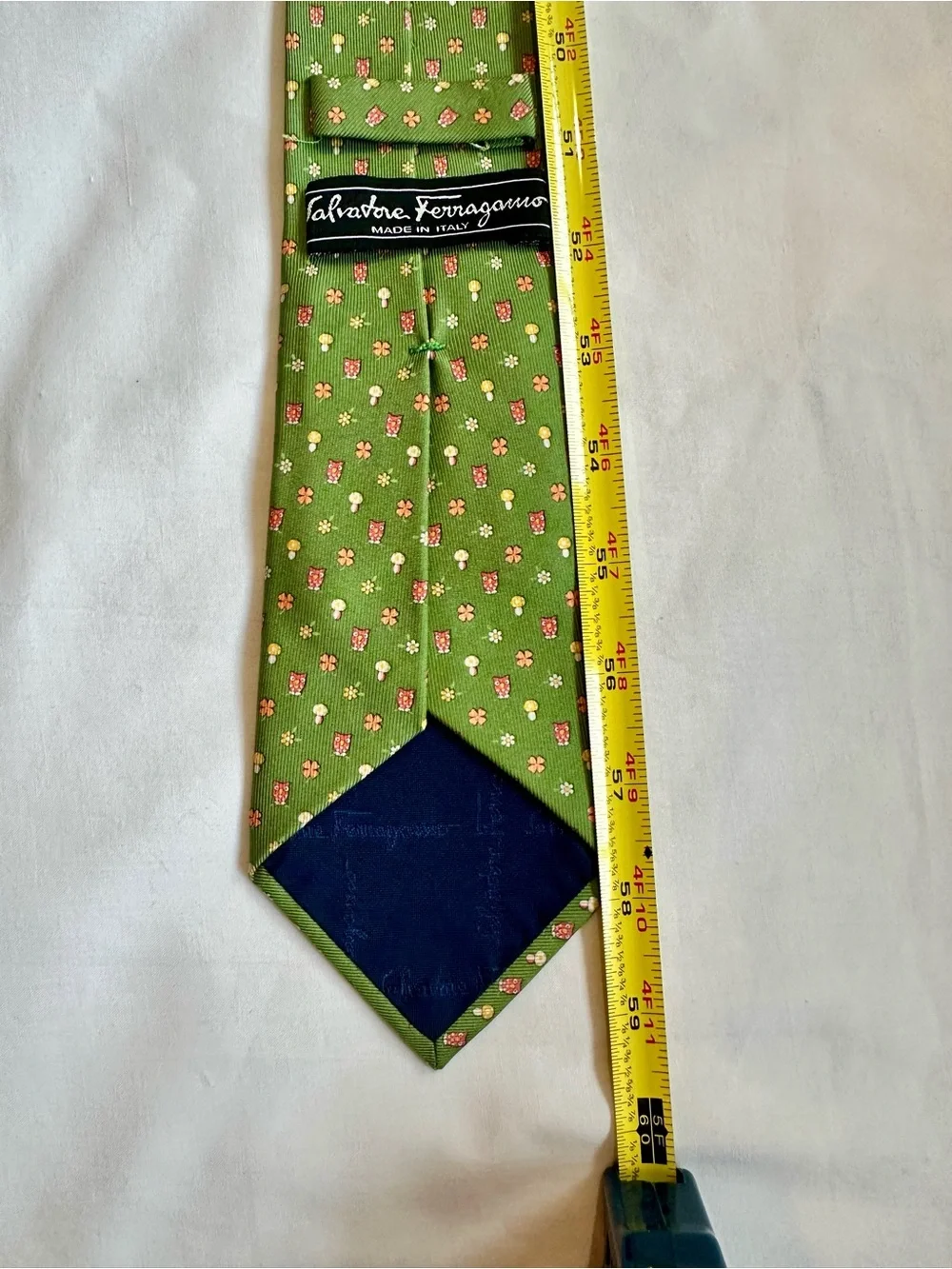 Salvatore Ferragamo Green Tie with Pink and Yellow Owl & Mushroom Micro Motif